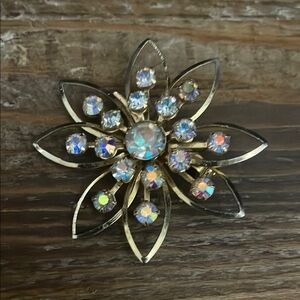 Gold and Iridescent Rhinestone Brooch
